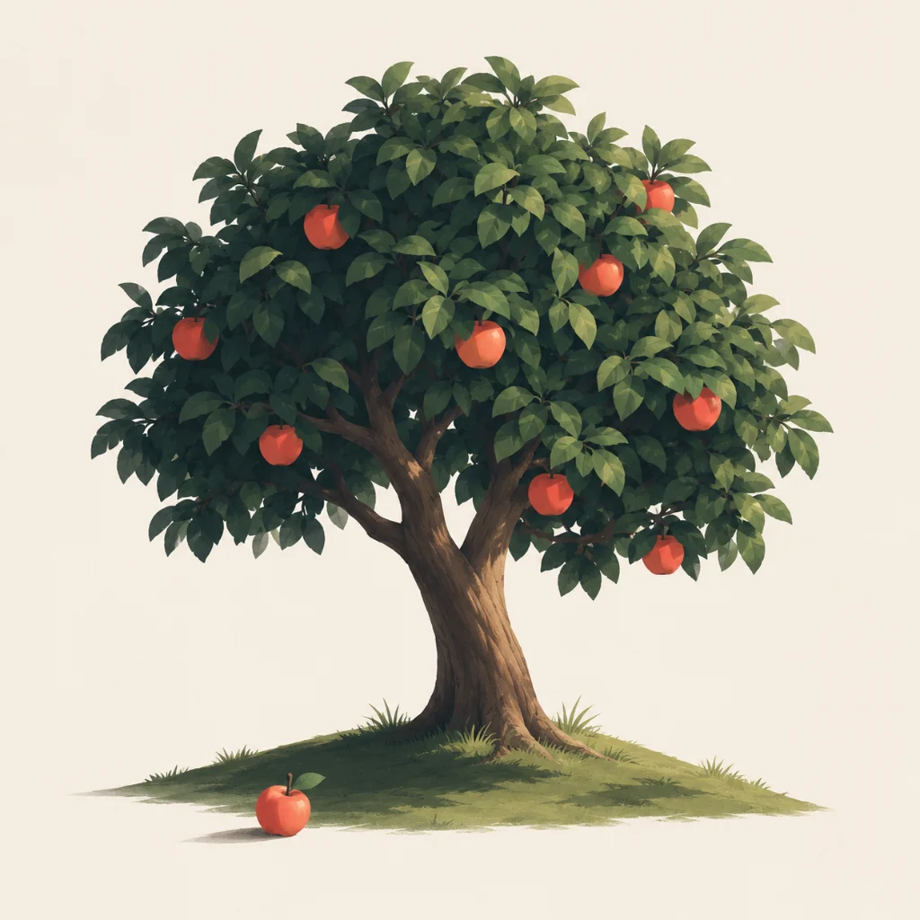 An apple tree with a few red apples, and one apple on the ground beside it