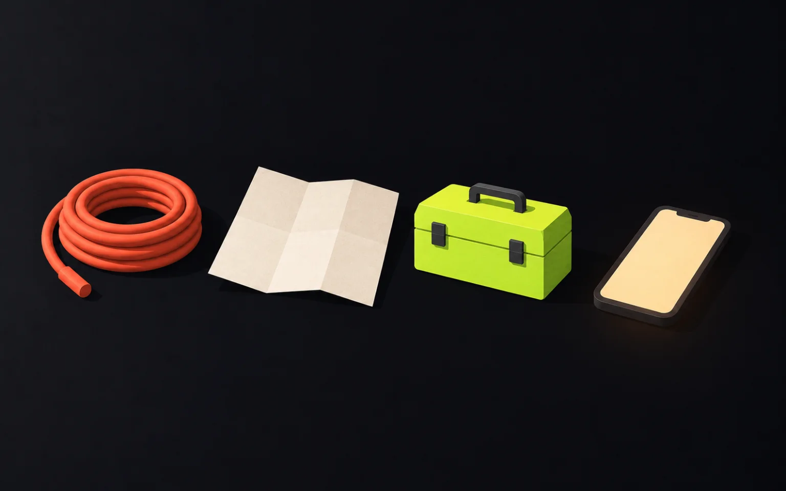 Still life: a coil of coral rope, a folded quote sheet, a small lime toolbox and a glowing phone on a dark table