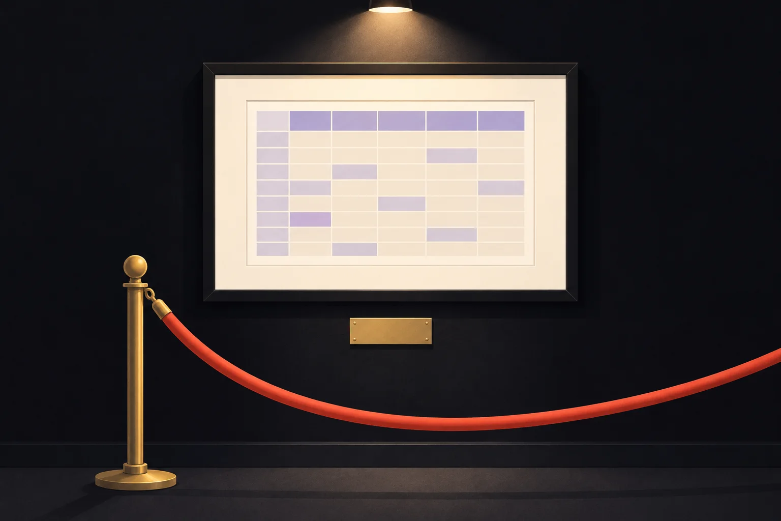 A framed spreadsheet printout hung on a dark gallery wall behind a velvet rope, lit by a single spotlight