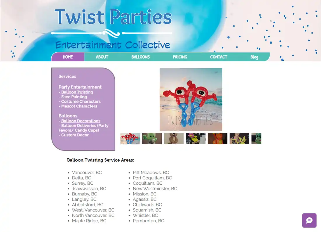 The original Twist Parties homepage, with its balloon header, services list, balloon gallery and service-area columns