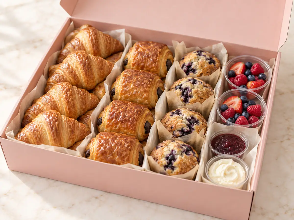 An open Fern and Flour catering box, packed with pastries